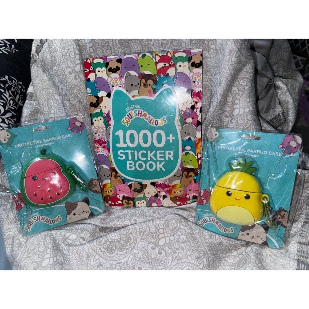 Squishmallows bundle sticker book, watermelon and pineapple AirPods cases B24